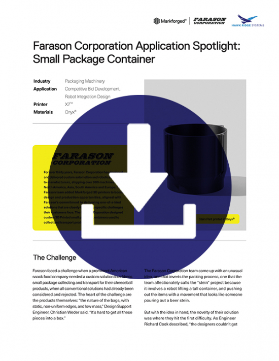raphic of PDF front page small package container application spotlight of Farson with download icon