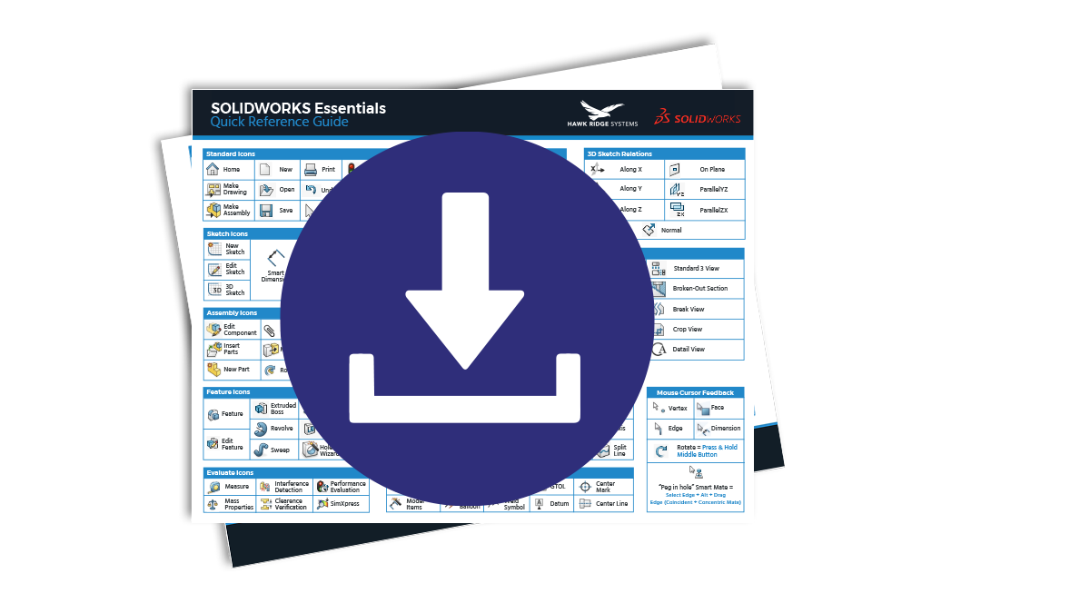 SOLIDWORKS Essentials Quick Reference Guide pages with a download icon